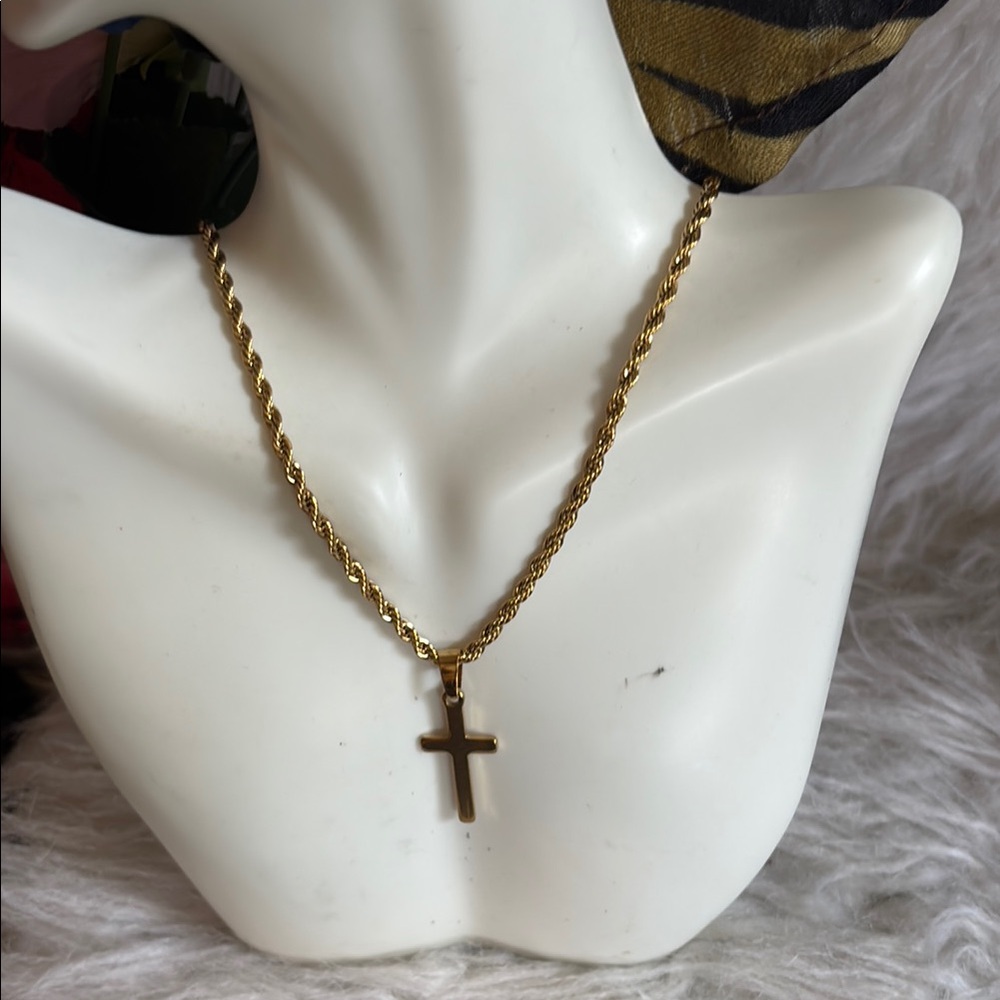 Gold Rope Chain Cross Pendant Necklace